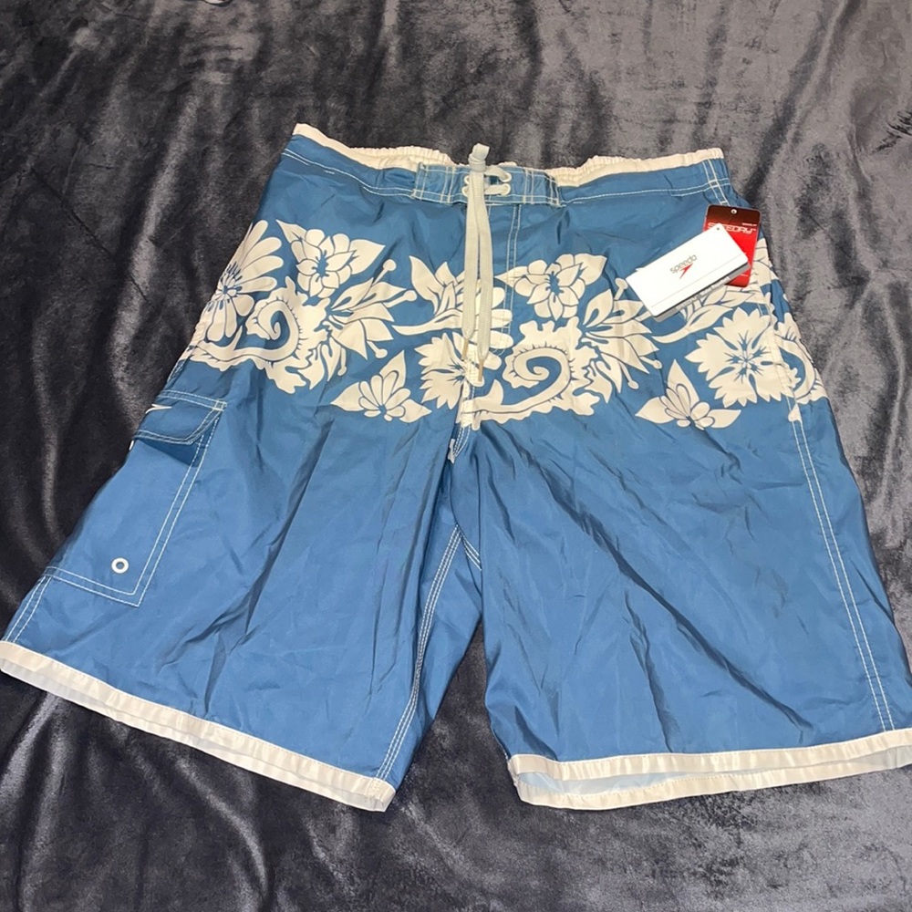 Speedo Blue Floral Swim Trunks with Cream Accents